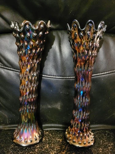 2 Pair Vintage Fenton Rustic Hobnail Carnival Glass Swung Vase Cobalt Blue Base