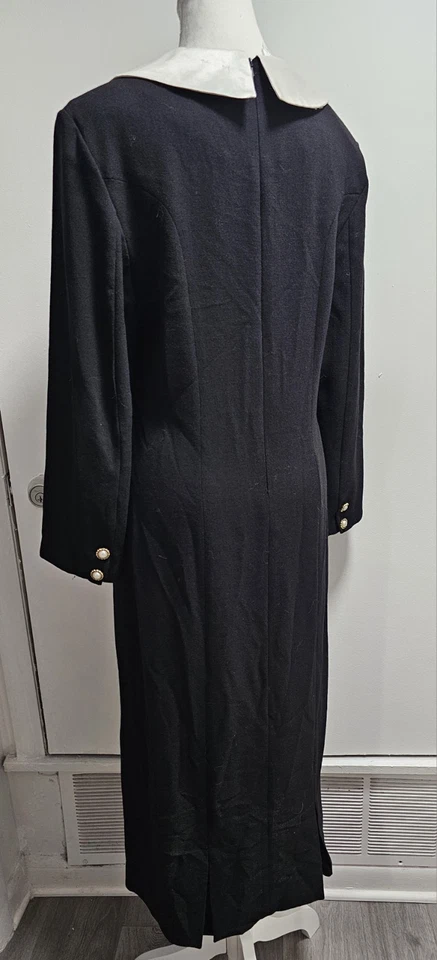 Vestido De Colección Laura Ashley Negro Lana Cuello Blanco Gótico EE. UU. Talla 12 Miércoles Foto 3 de 4