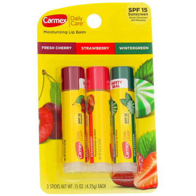 Carmex Daily Care Moisturizing Lip Balm Stick, Cherry, Strawberry, Wintergree...