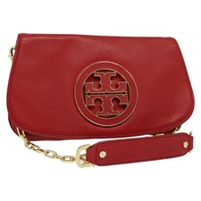 TORY BURCH Chain Amanda Shoulder Bag Leather Red Gold Auth yk18802