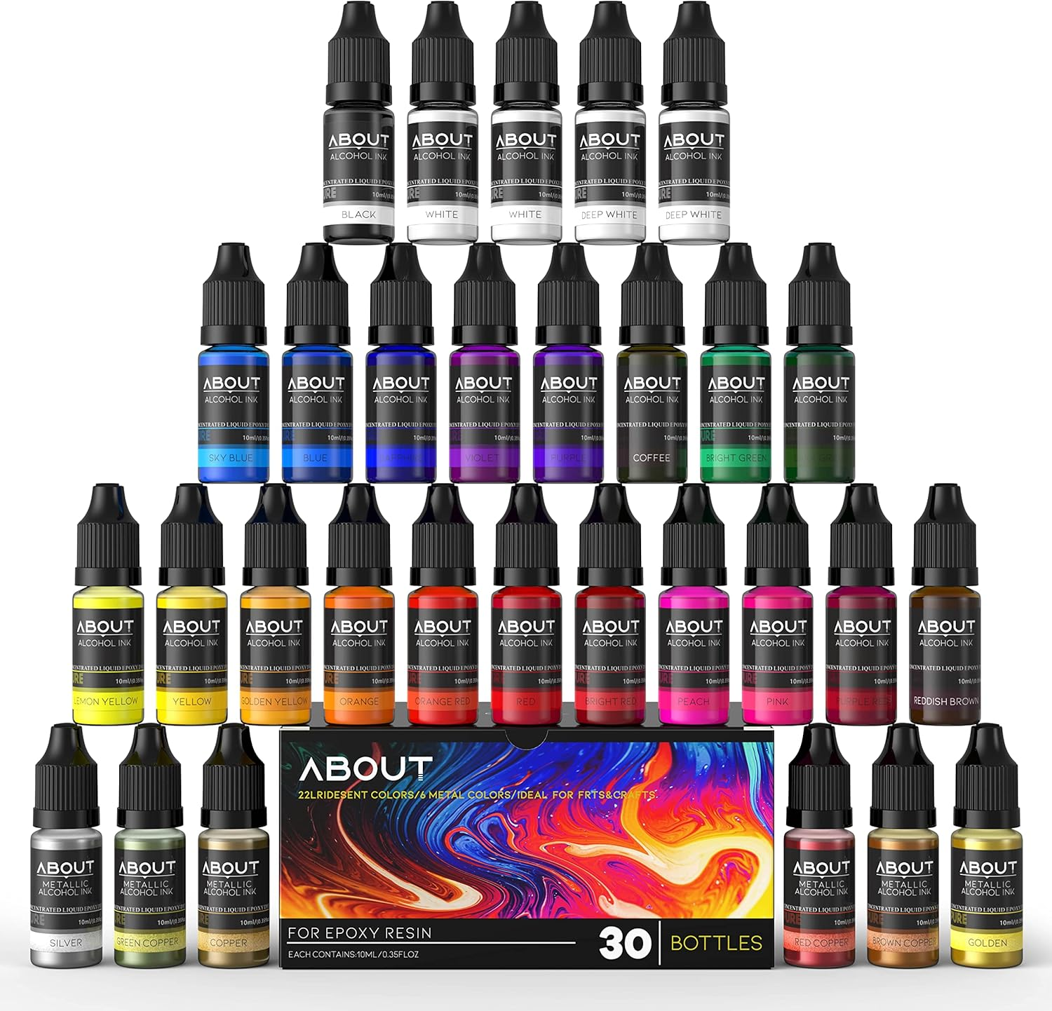Professional Alcohol Ink Set 30 Colours - Vibrant & Metallic Epoxy Resin Paint,