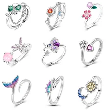 Elegant Original 925 Sterling Silver CZ Butterfly Sunflower Open Ring for Women