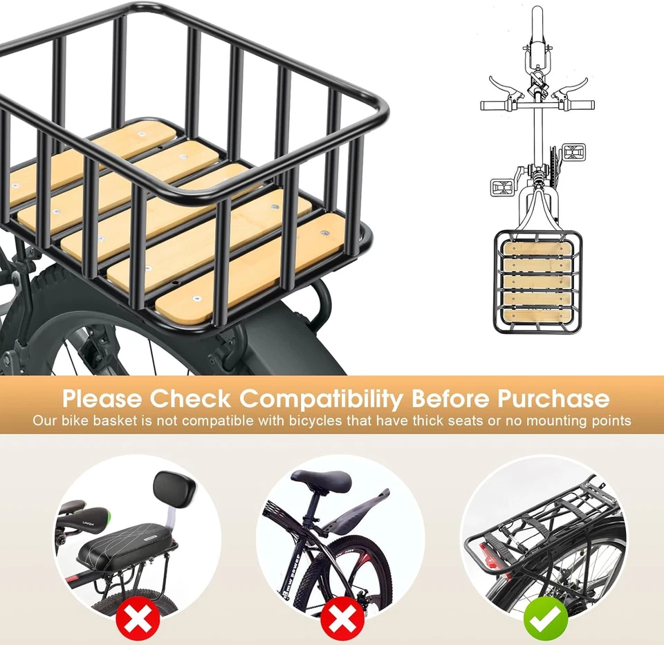 Cesta Trasera Bicicleta con Cubierta Impermeable, Red de Carga y Base de Madera, Meta Resistente Foto 3 de 4