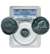 200X Canada 5 Cents, MINT ERROR, Struck on 1.1 g Magnetic Iron Plan - PCGS MS62