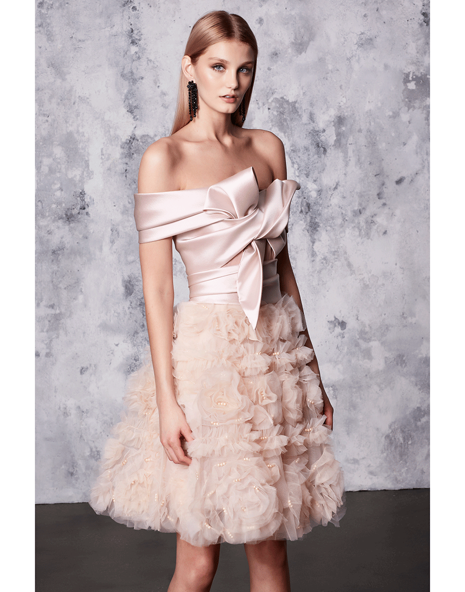 $795 NEW Marchesa Notte Blush Off Shoulder Mikado Cocktail Dress Bow Ombre 