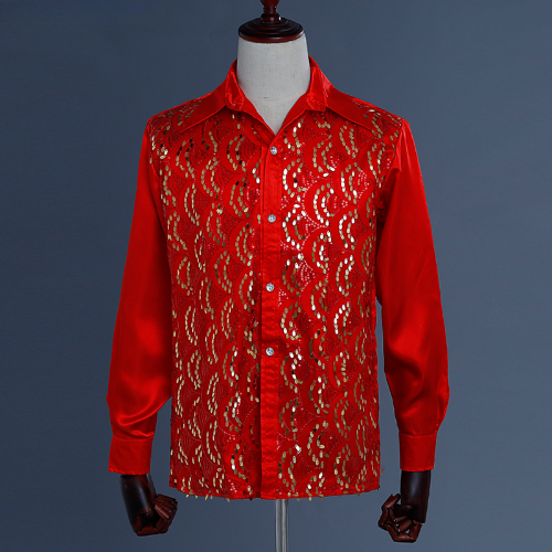Red Satin Men Shirt Sequin Wedding Party Men Dress Shirt Stage Dancer Shirt  | eBay