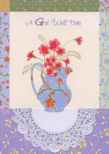 Designer Greetings Blue Pitcher Vase Holding Pink Flowers Get Well Card