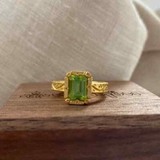 14K Gold Plated On 925 Silver Engraved Natural Peridot Vintage Engagement Ring