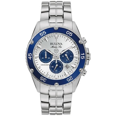 Bulova Men's Marine Star Quartz  Chronograph Calendar Silver Watch 42 MM 98B423