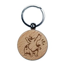 Barking Spotted Dog Corgi Engraved Wood Round Keychain Tag Charm