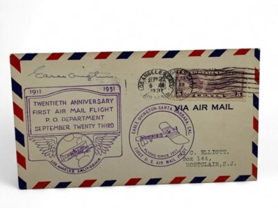 1931 Pilot Signed 20th Anniversary Air Mail Flight Envelope-RARE