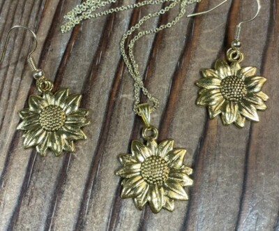 Sunflower necklace & earring set pierced hook 14K 16-18  gold plated chain