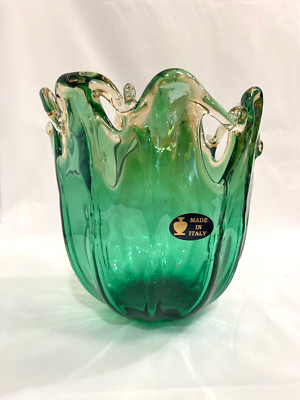 Murano White Cristal Italy Glass Bowl Agua Green and Pale Gold