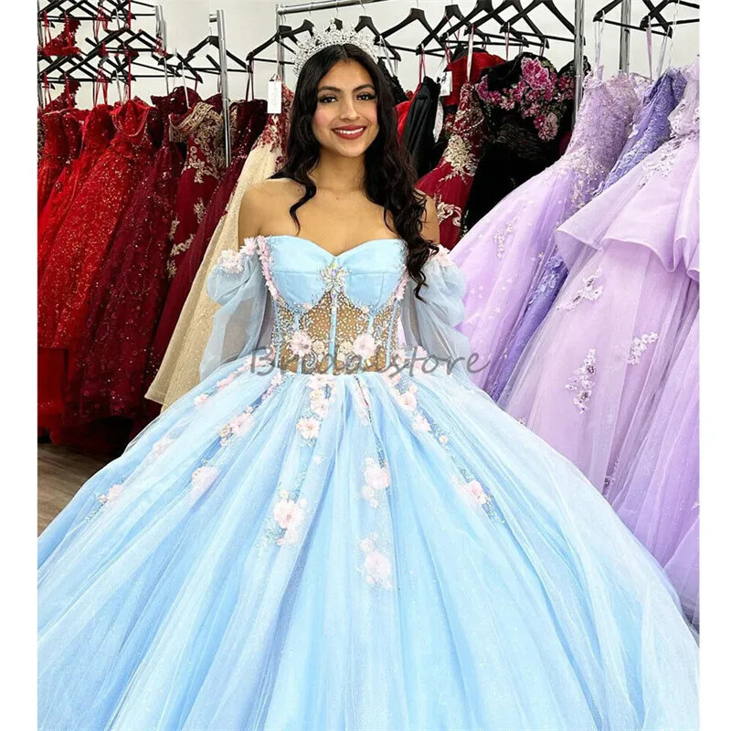 Light Blue Quinceanera Dresses With Pink 3D Flowers Birthday Dress Sweet 16  | eBay