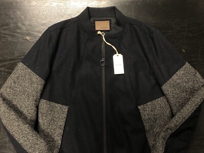 Civil Society, Mens Wool Bomber Jacket with Contrast Panels in Navy, US Size: L