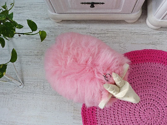 PINK Ottoman, Nursery Room Decor Sheepskin Pouf, Kid's Room Real Fur Footstool - Image 2 of 4