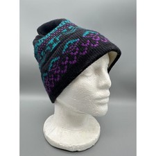 Eddie Bauer Vintage 100% Wool Beanie Hat Black Teal Purple Fair Isle Geometric