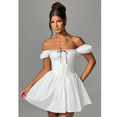 White Black Corset Milk Maid Mini Dress Off Shoulder Lace Up Size Med
