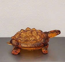 Vtg 1950s LG Wright Amber Glass Knobby Back Turtle Covered Trinket Candy Dish