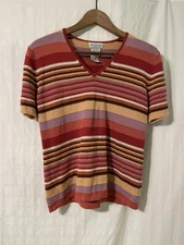 VINTAGE White Stage Womens Top Tshirt Striped Multicolored Short Sleeve Size L