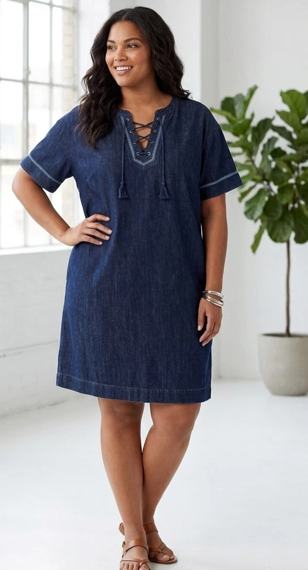 Knee Length Denim Solid Shift Dresses for Women for sale
