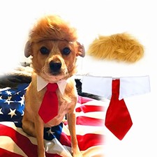 Trump Style Pet Costume Dog Wig, Clothes with Small, Brown Tie