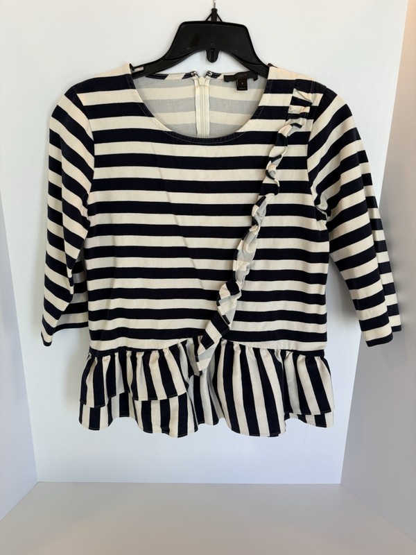J.CREW Navy White Striped Ruffle Cotton Knit Blouse 3/4 Sleeve S