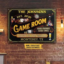 Personalize Game Room, Billiards, Poker, Darts, Mancave Metal Sign Vintage Style