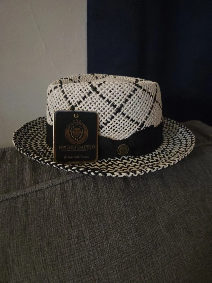 Sombrero Fedora Bruno Capelo Para Hombre Ala Ancha Negro/Blanco Geométrico Talla L
