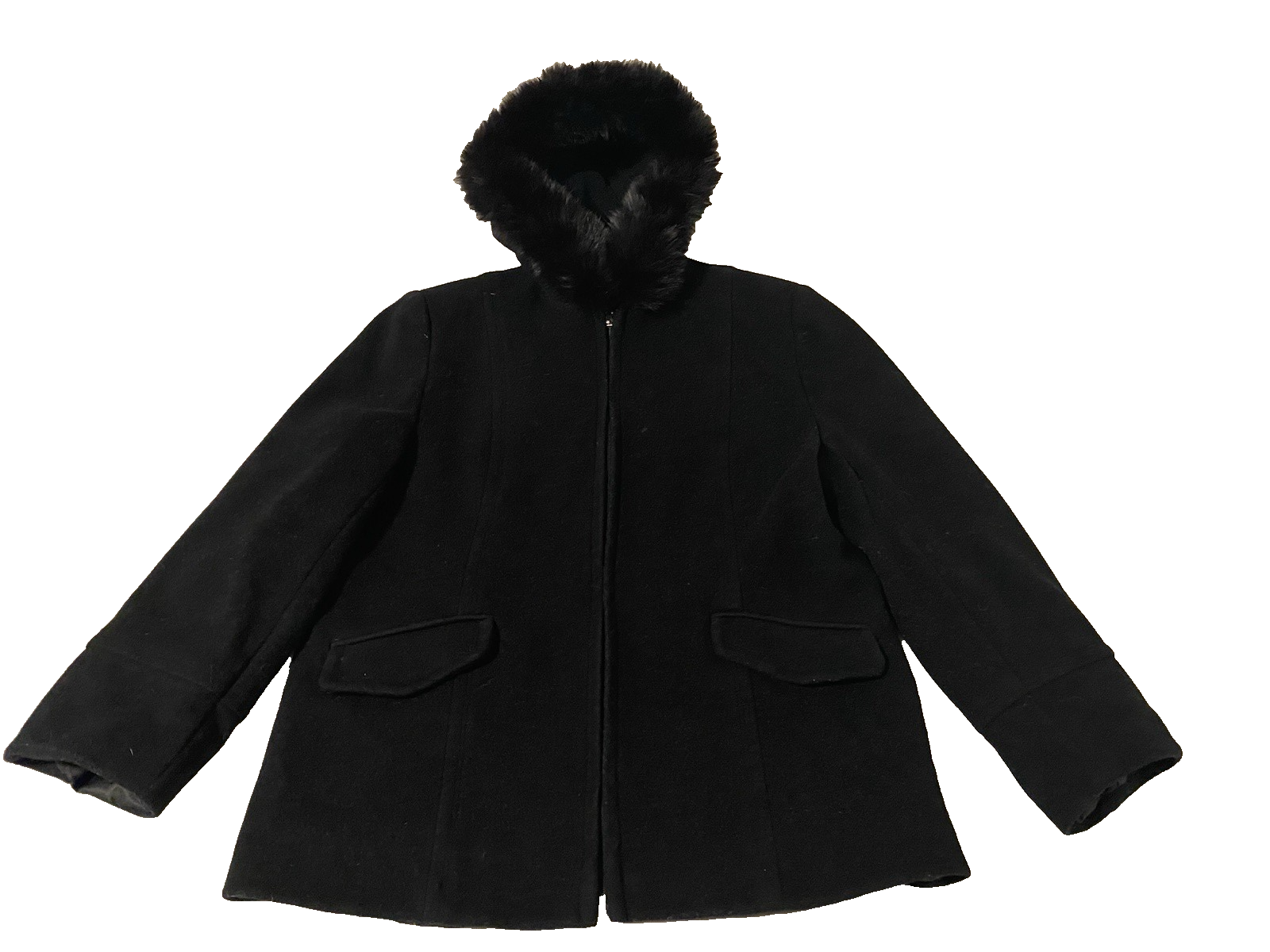 Preston & York Womens Real Fox Fur Trim Hooded Wool Coat Size 16 Black Jacket
