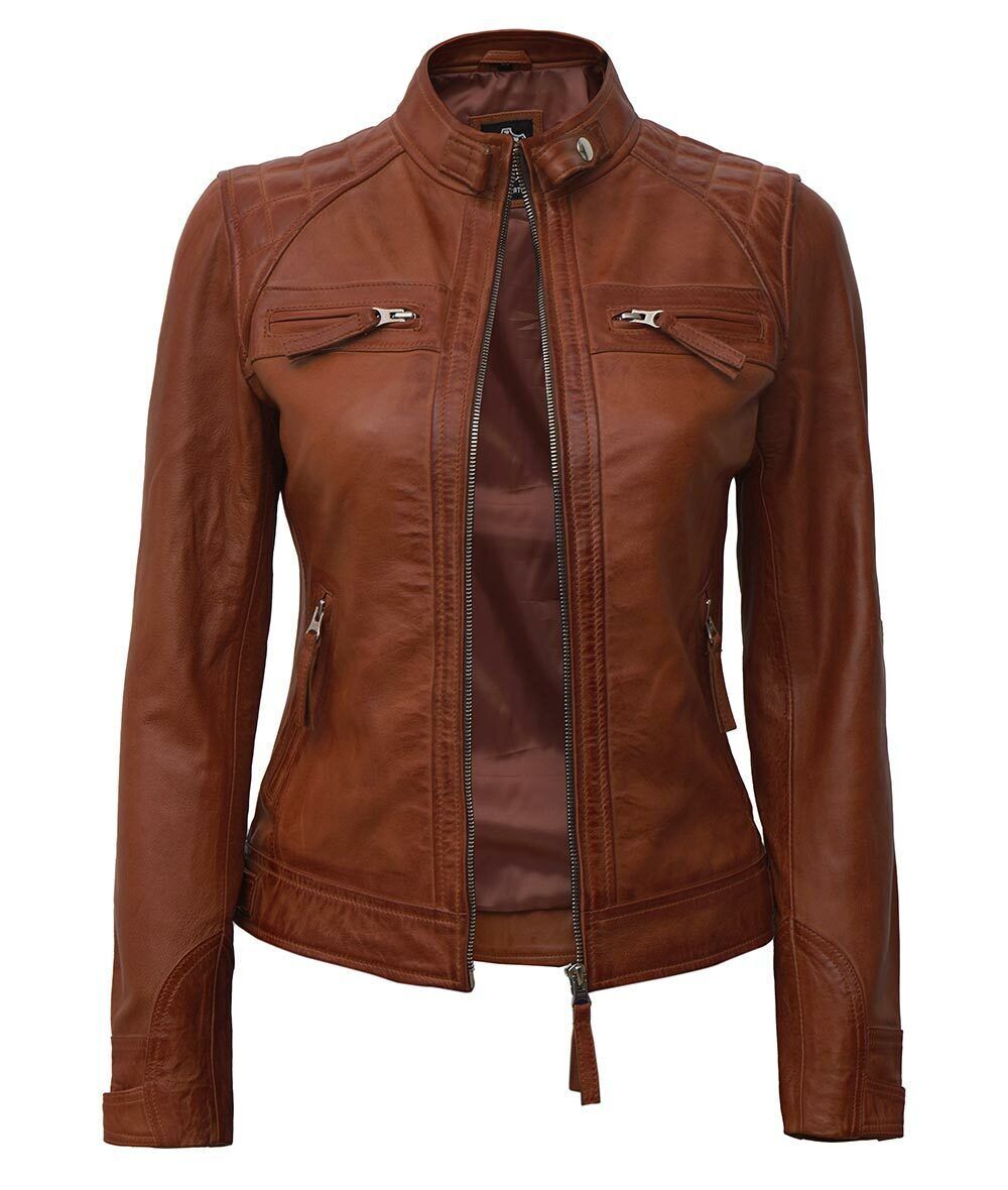 Damen Rautenstepp Biker Motorrad Braun Café Racer Echtleder Damen Jacke
