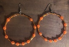 Vintage Neon Orange beaded circle Hoop dangle Earrings 2.5  1980s 80s