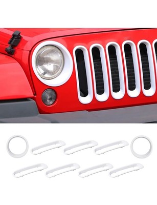 Front Grille Grill & Headlight Trim Cover Kit for Jeep Wrangler JK 2007-18 White