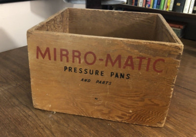 Vintage wooden advertising box Mirro-Matic store display crate pans parts bin