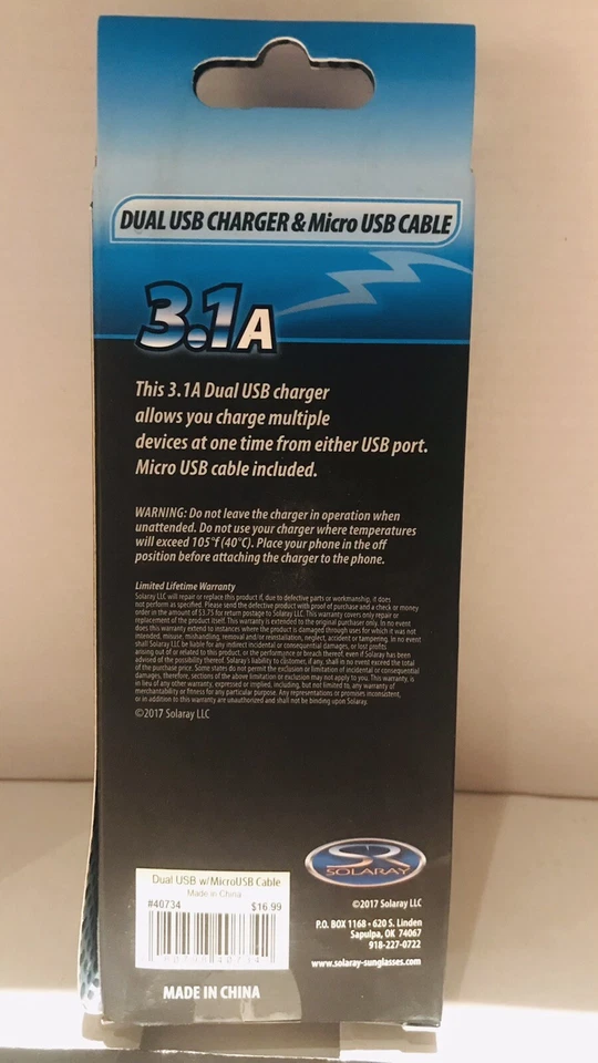 Cargador Coche Solaray 3.1A Doble USB Blanco Negro Modelo con Cable Micro USB Foto 2 de 2