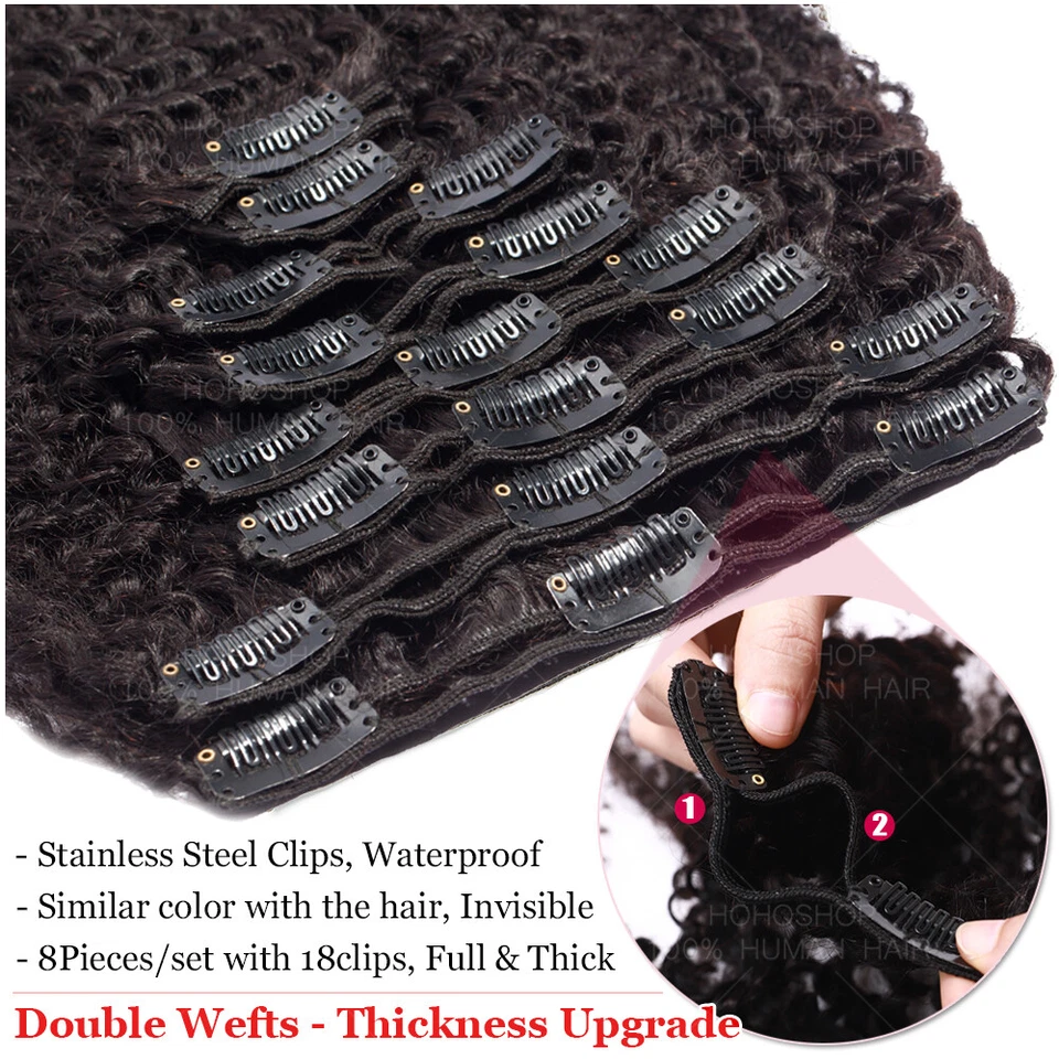 Clip rizado afro rizado grueso cabeza completa en extensiones de cabello humano virgen real negro Foto 4 de 4