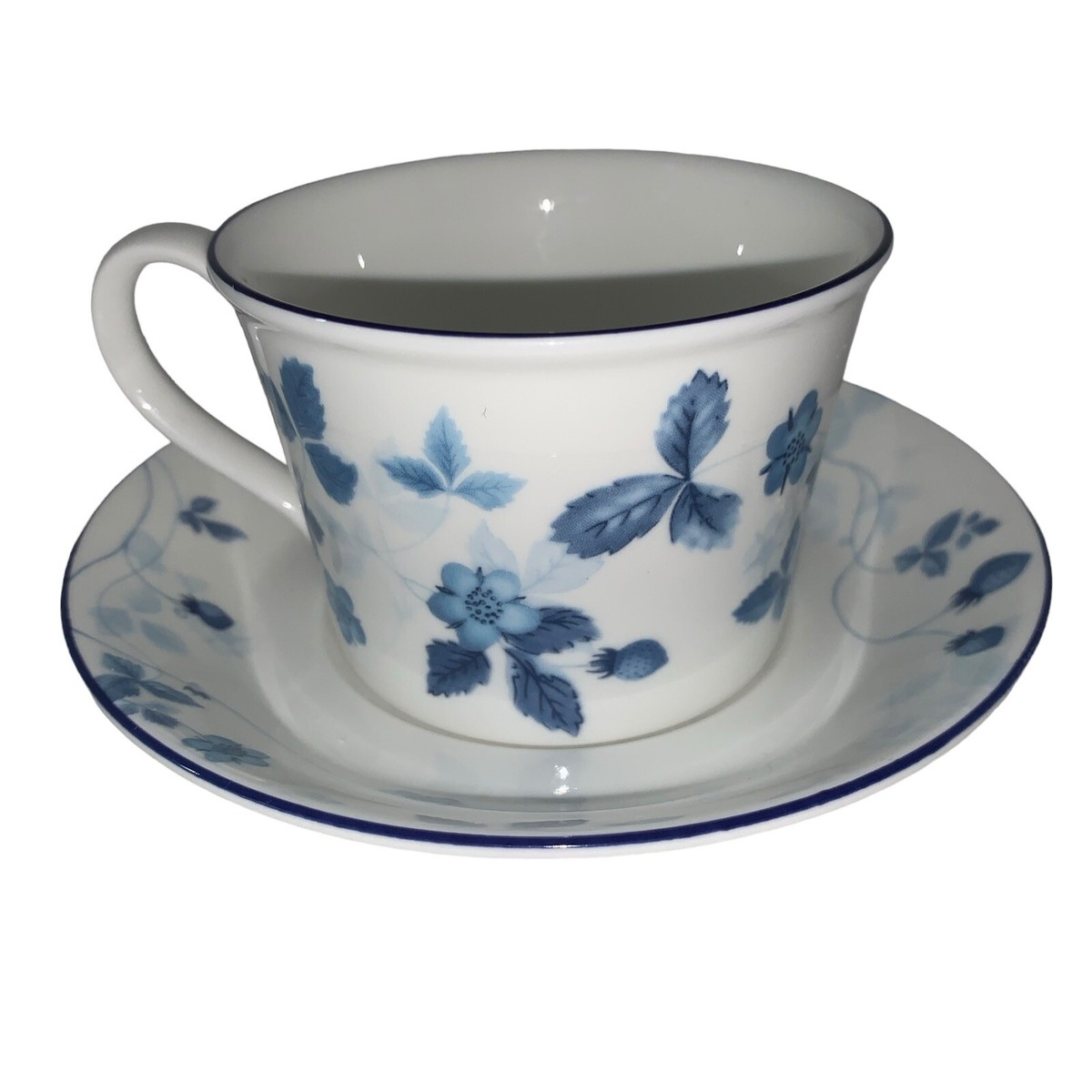 Wedgwood Strawberry Blue Cup & Saucer Bone China UK Floral Wedgwood Strawberry Blue Cup & Saucer Bone China UK Floral