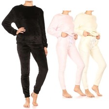 Womens Pajama Set Double Plush Faux Fur Long Sleeve Sweatshirt Jogger Pants