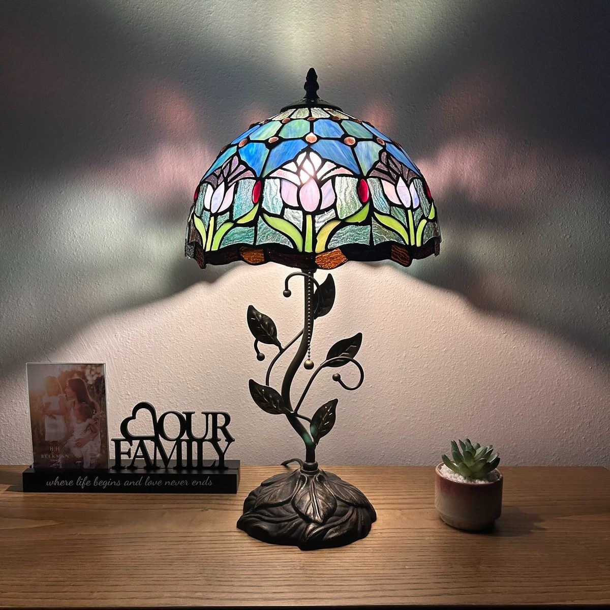 Tiffany Style Table Lamp Blue Purple Stained Glass Tulips LED Bulb