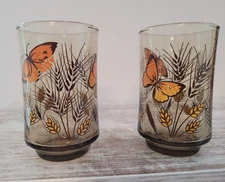 2 Vintage Libbey Juice Glasses Butterfly Wheat Brown Smoke Glass 3.75 inches