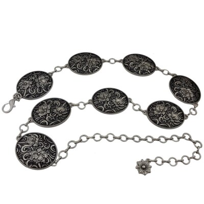 Western Oval Concho Belt with Floral Design - XL Tony Lama Silver Floral Oval Concho Chain Belt C50151  main image 3