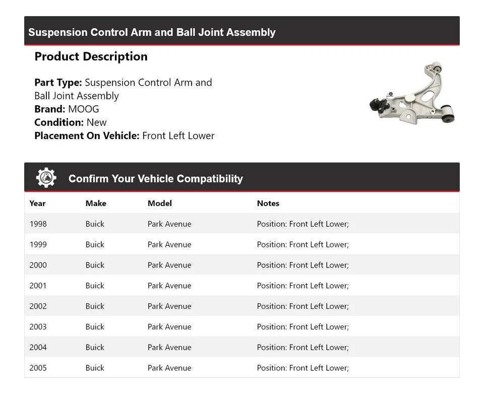 Brazo de control delantero izquierdo inferior MOOG 1998-2005 Buick Park Avenue 1998 1999 2000 Foto 2 de 4