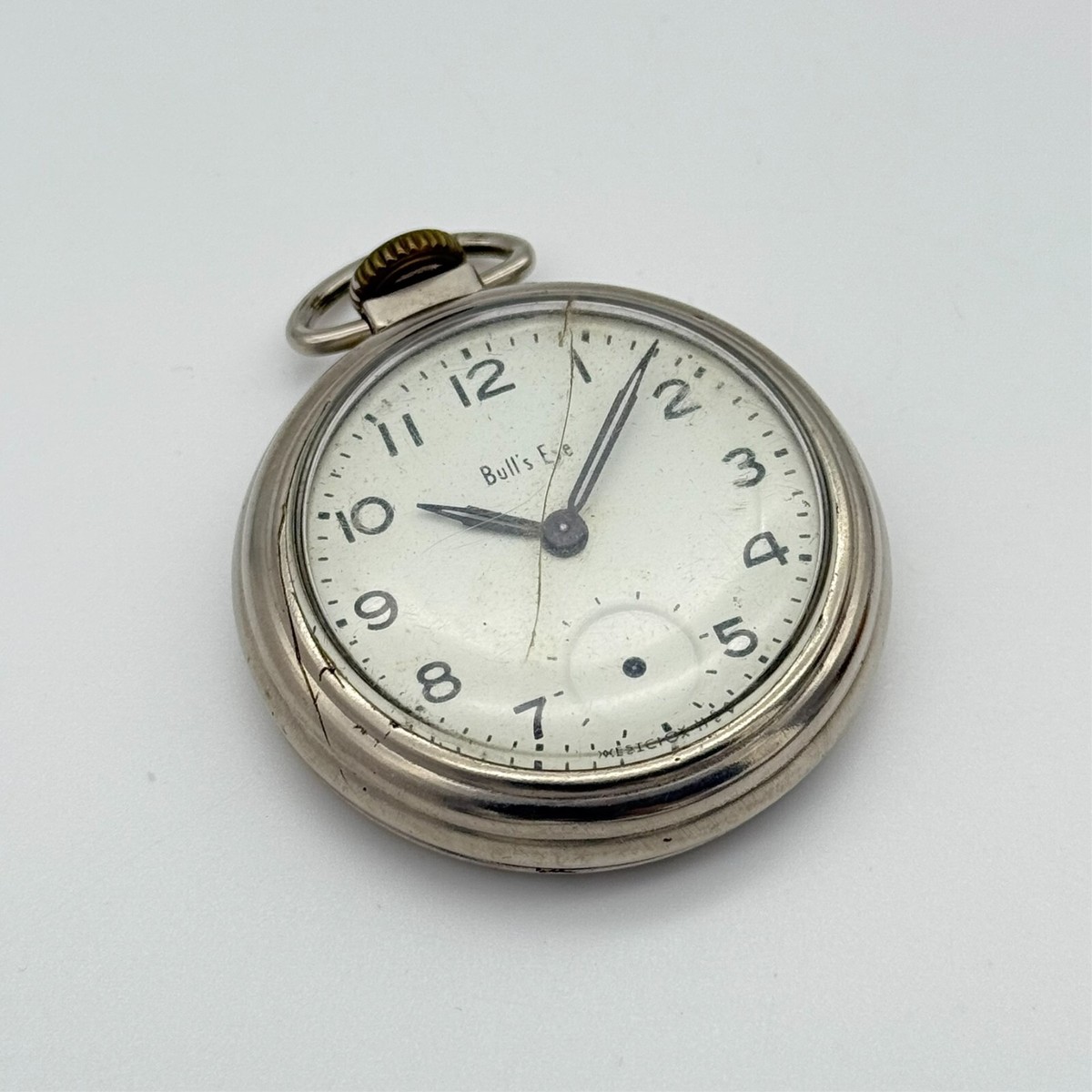 Vintage WESTCLOX Bull's Eye Silver Tone Pocket Watch Cracked Vintage WESTCLOX Bull's Eye Silver Tone Pocket Watch Cracked