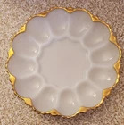 Vintage Anchor Hocking Milk Glass Deviled Egg Plate with Gold Trim - 10" - P1