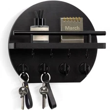 Wall Key Holder with Shelf 9.8" Black Circular Wood Key Hanger 8 Key Hooks