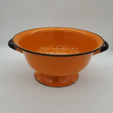 VINTAGE 9" Huta Silesia Orange Enamelware Colander Strainer Made In Poland 