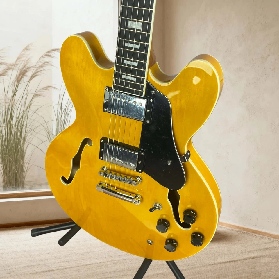 Yellow ES335 Electric Guitar Christmas Gift Black Pickguard F-holes HH Pickups - Image 3 of 4