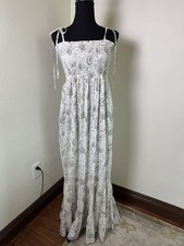 New Bohome Collection Gray White Smocked Maxi Dress Bohemian Romantic Size S