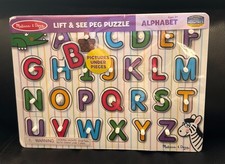 Melissa & Doug Alphabet ABC Wooden Lift & See Peg Puzzle 26 Pcs NEW SEALED