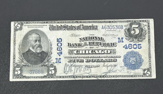 1902 $5 National Bank LARGE Note Chicago Illinois US Bill LOW Shiiping!!!